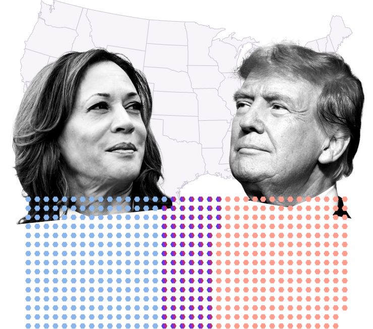 Portrettbilder av Harris og Trump ligger over et duset ut grått kart av USA. I forgrunnen er antall valgmenn representert med en prikk per mann, der prikkene er farget blå, lilla og rød.